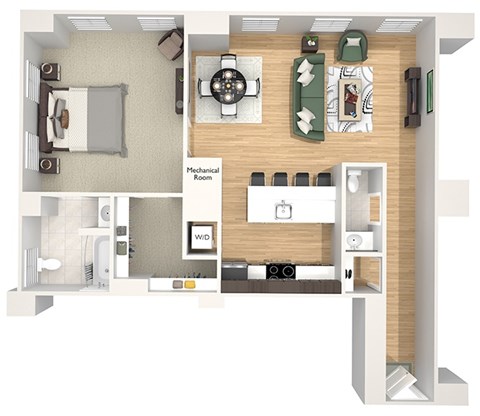 Floor plan for 1 bed, 1.5 baths, 915 sqft